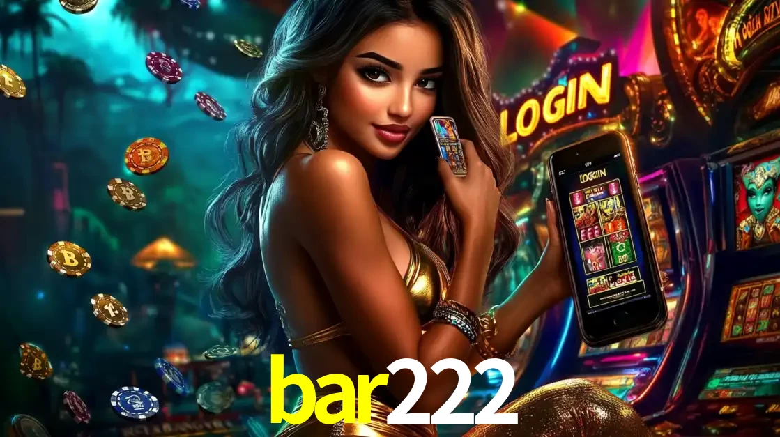 Mulher em um cenário de cassino temático de aventura, mostrando o app de caça-níqueis da bar222 no celular. Fichas de apostas flutuam ao redor.